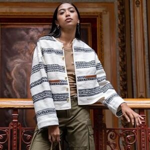 Celine Baja Tweed Jacket Ivory Black Triomphe Buttons Leather Trim Size FR42